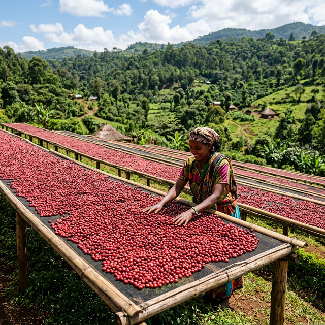 Coffee beans drying on raised African beds