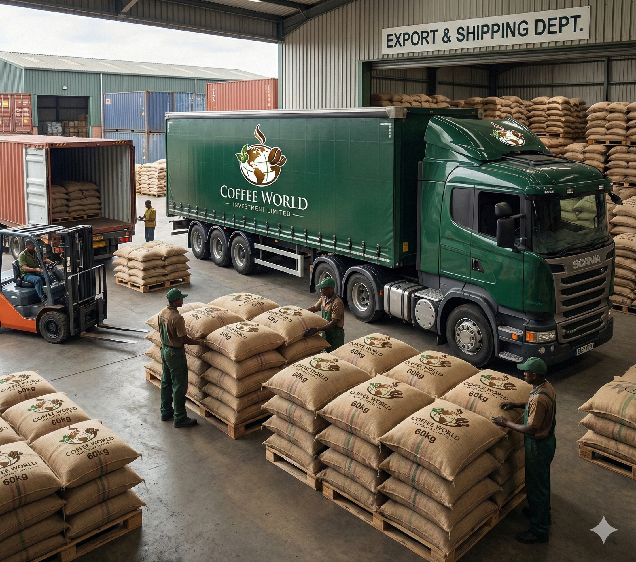 Green coffee beans packed in export-ready bags