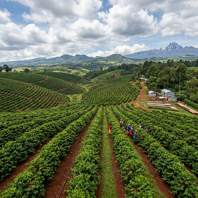 High-altitude Kenyan coffee farm landscape