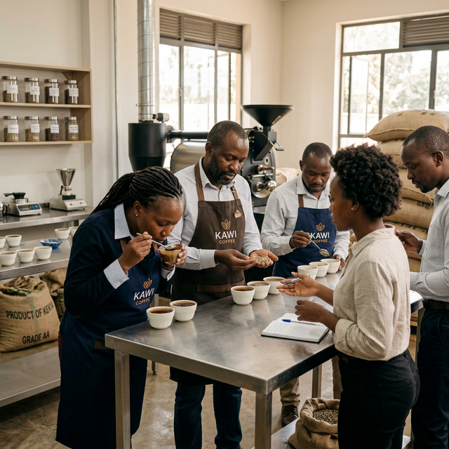 Kenyan coffee experts inspecting a fresh lot